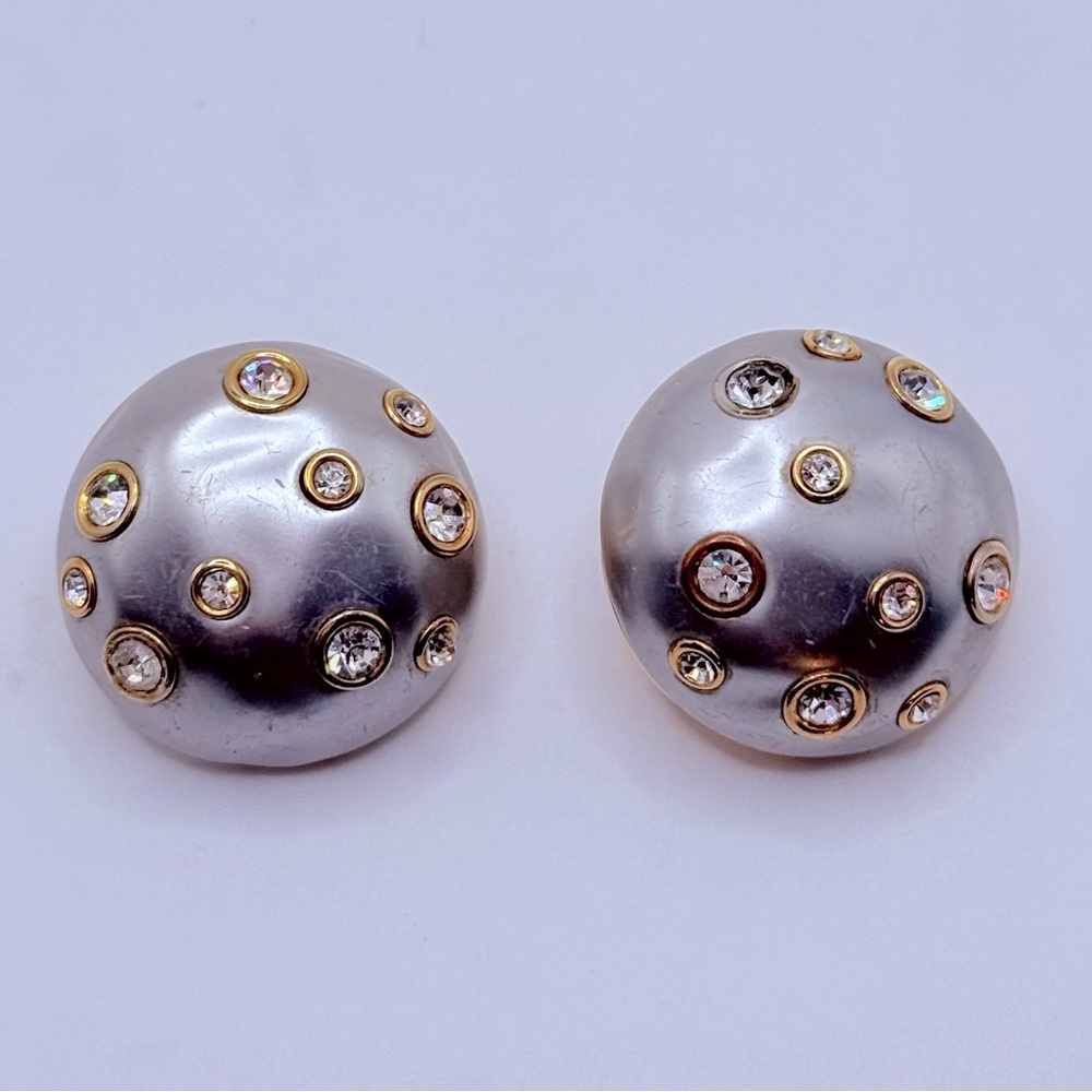 Valentino Garavani Vintage 1980s Crystal & Faux Pearl Clip Earrings Signed 1 in